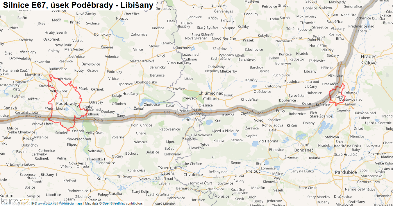 Úsek Poděbrady - Libišany, Silnice E67 - Mapa
