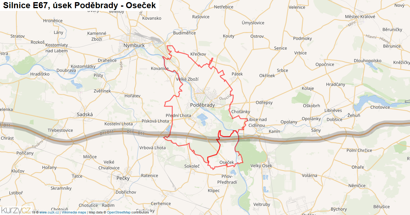 Úsek Poděbrady - Oseček, Silnice E67 - Mapa