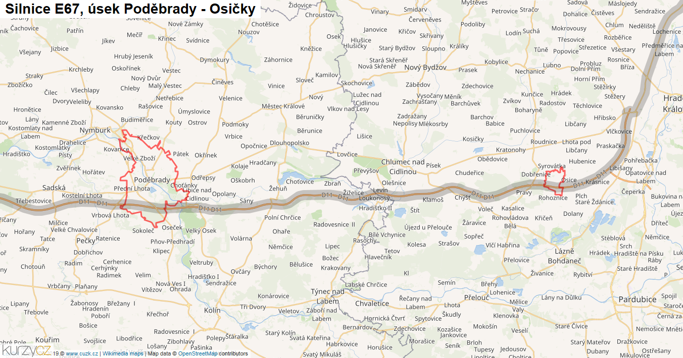 Úsek Poděbrady - Osičky, Silnice E67 - Mapa