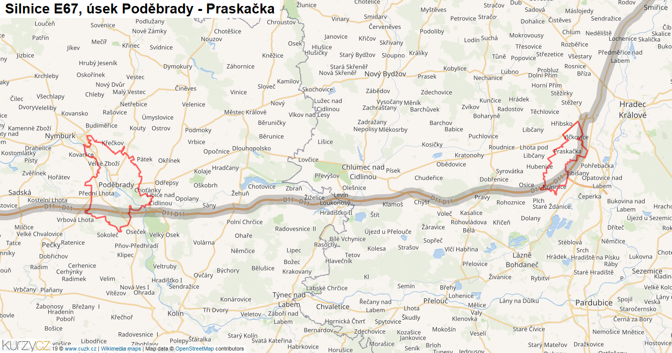 Úsek Poděbrady - Praskačka, Silnice E67 - Mapa