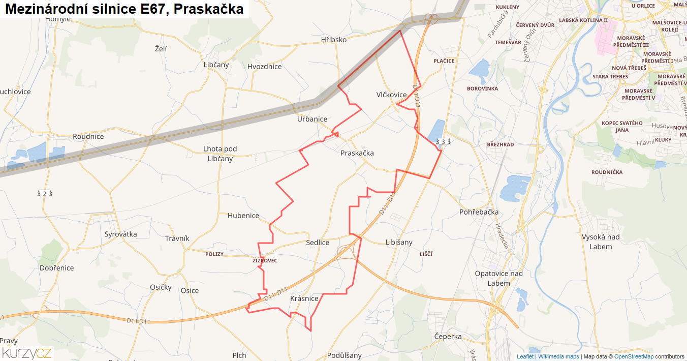 Praskačka, Silnice E67 - Mapa