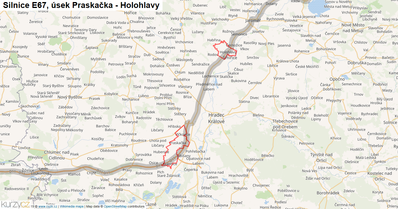 Úsek Praskačka - Holohlavy, Silnice E67 - Mapa