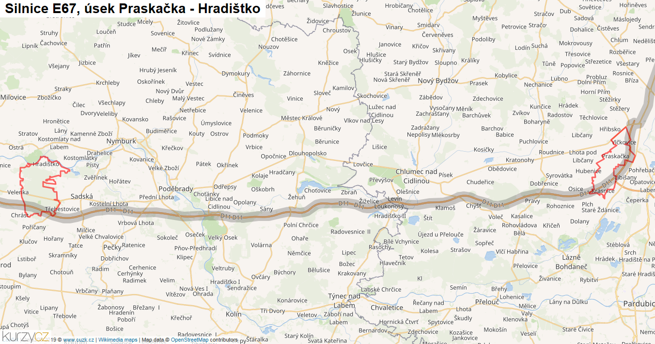 Úsek Praskačka - Hradištko, Silnice E67 - Mapa