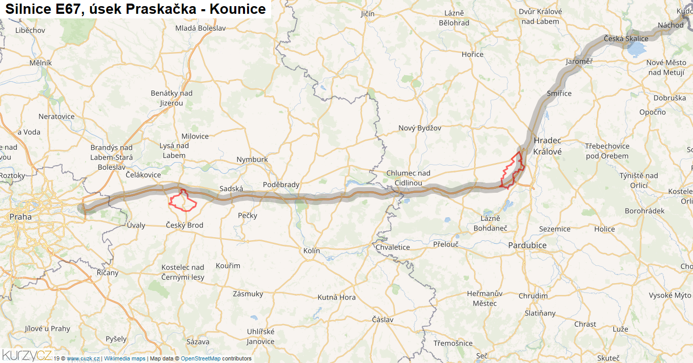 Úsek Praskačka - Kounice, Silnice E67 - Mapa