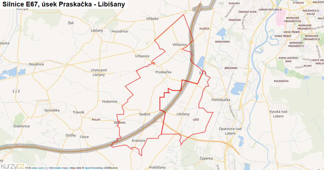 Úsek Praskačka - Libišany, Silnice E67 - Mapa