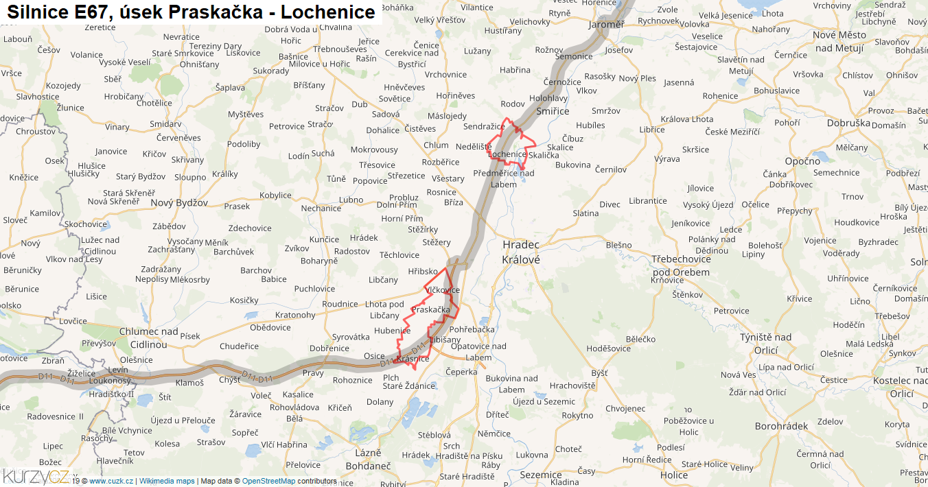 Úsek Praskačka - Lochenice, Silnice E67 - Mapa