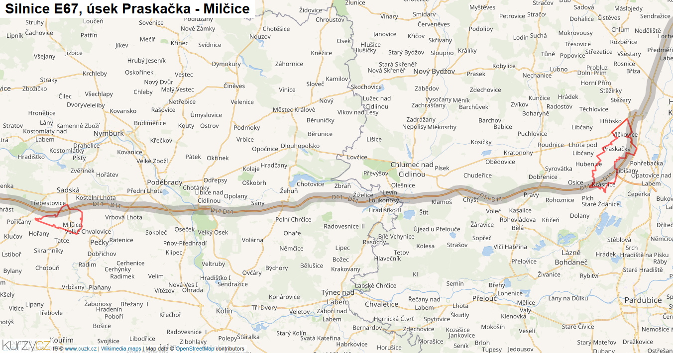 Úsek Praskačka - Milčice, Silnice E67 - Mapa