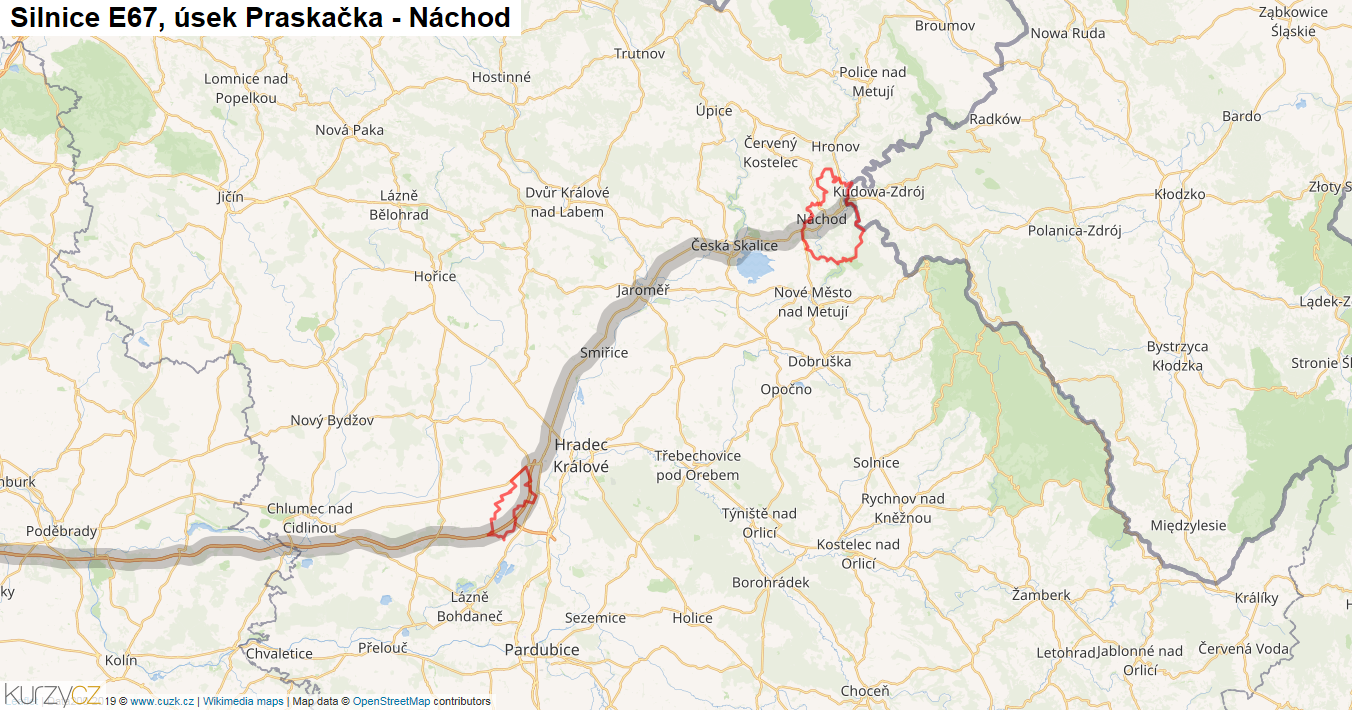 Úsek Praskačka - Náchod, Silnice E67 - Mapa