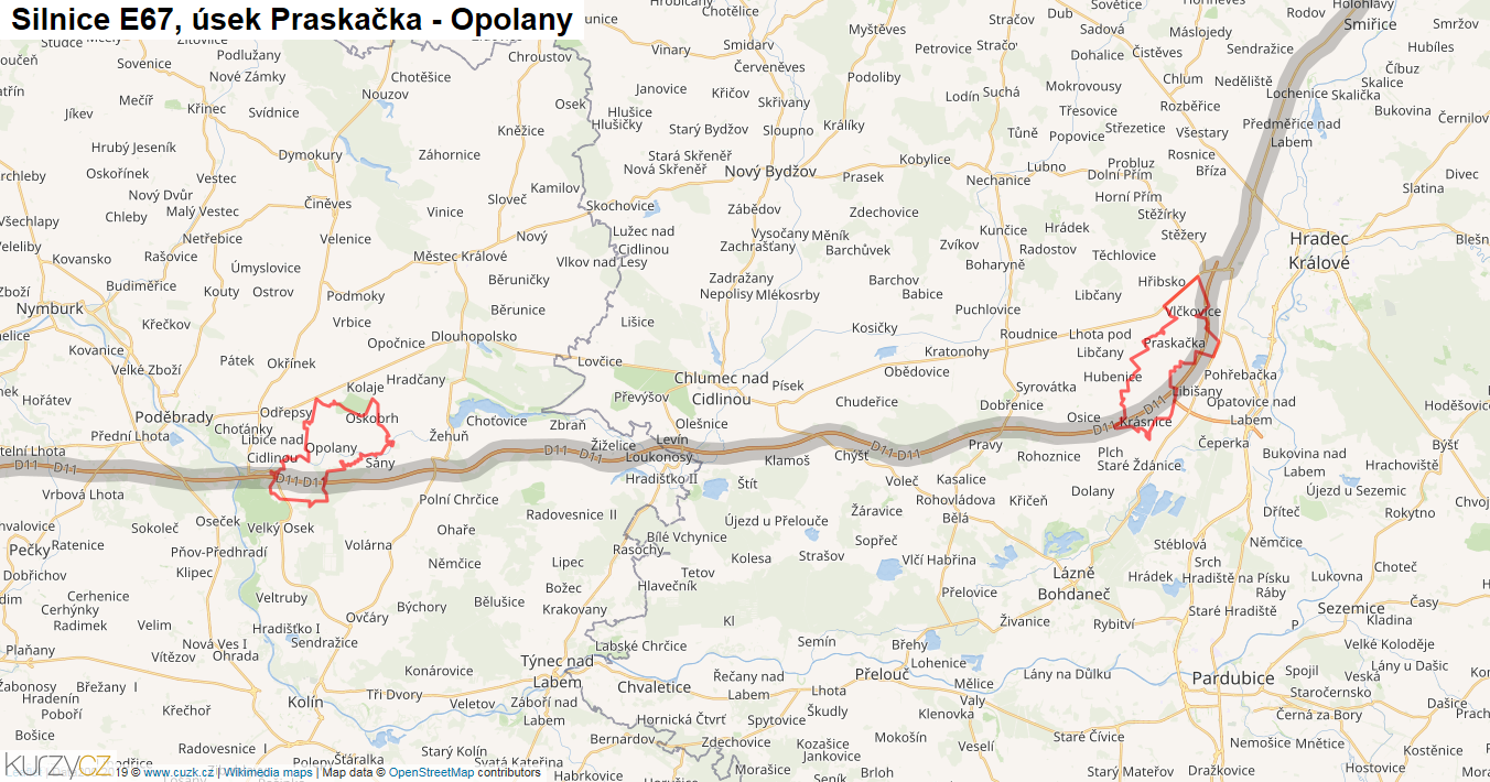 Úsek Praskačka - Opolany, Silnice E67 - Mapa