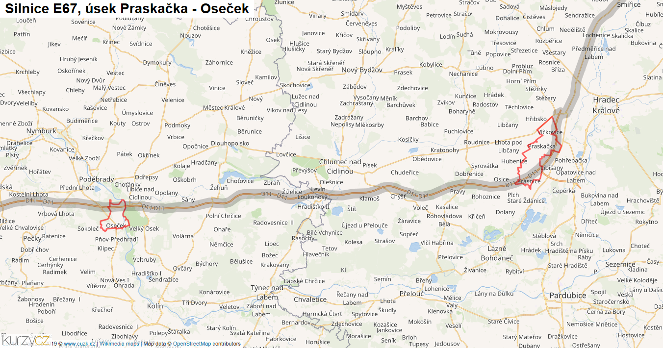 Úsek Praskačka - Oseček, Silnice E67 - Mapa