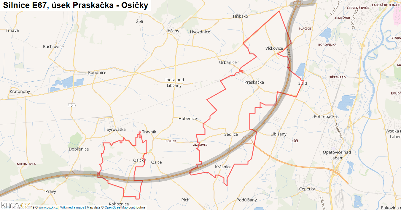 Úsek Praskačka - Osičky, Silnice E67 - Mapa