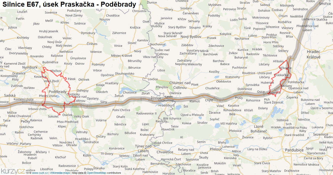 Úsek Praskačka - Poděbrady, Silnice E67 - Mapa