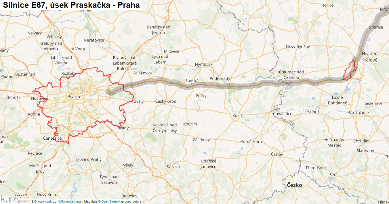 Úsek Praskačka - Praha, Silnice E67 - Mapa