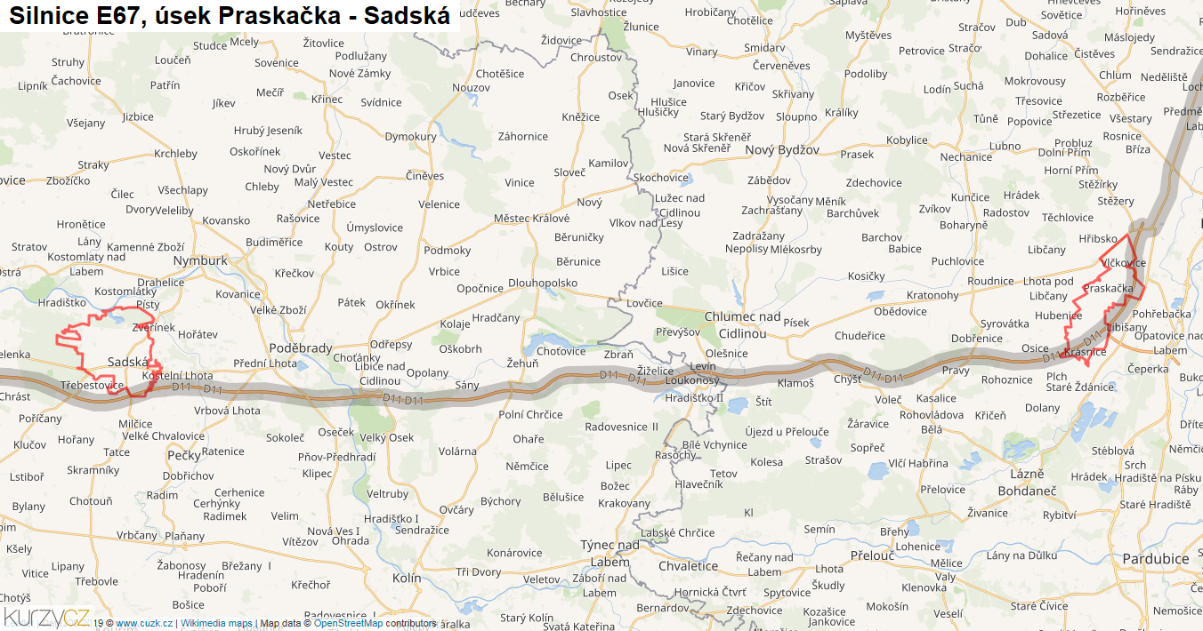 Úsek Praskačka - Sadská, Silnice E67 - Mapa