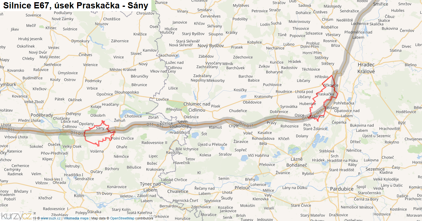 Úsek Praskačka - Sány, Silnice E67 - Mapa