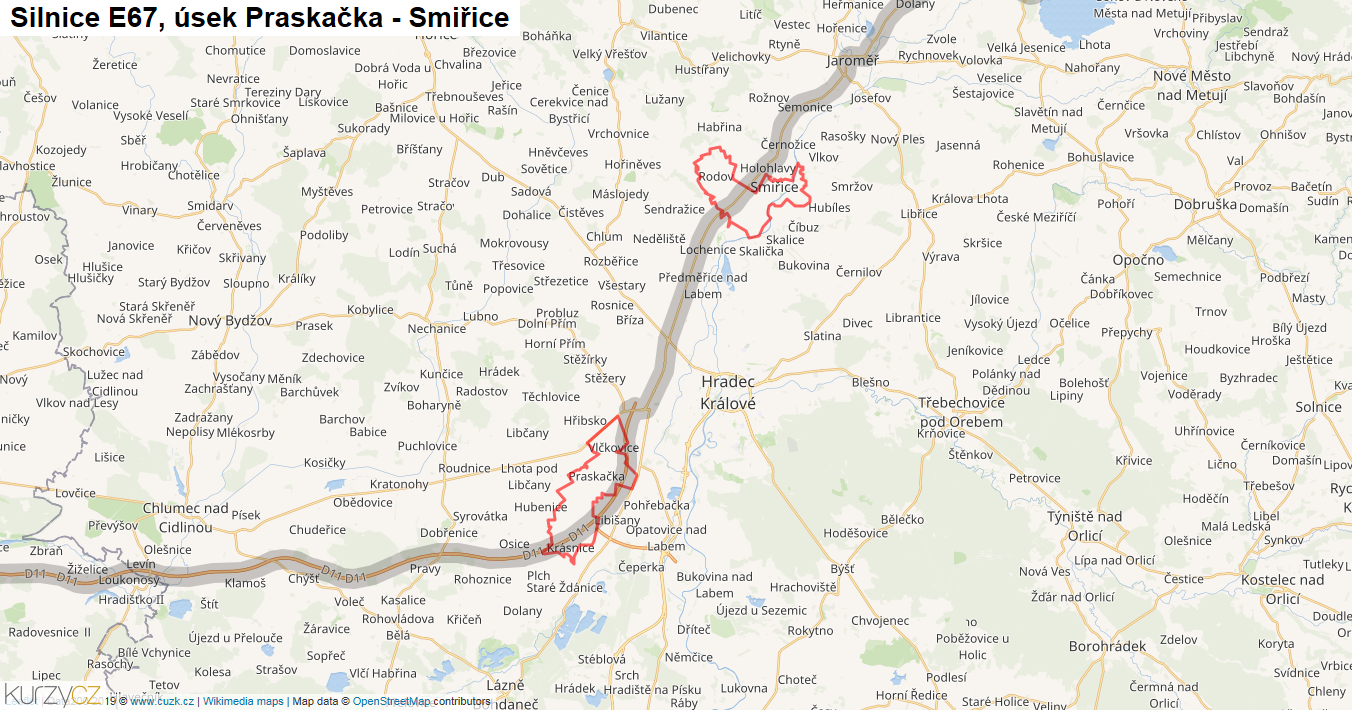 Úsek Praskačka - Smiřice, Silnice E67 - Mapa