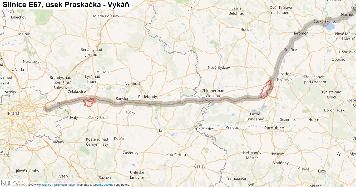 Úsek Praskačka - Vykáň, Silnice E67 - Mapa