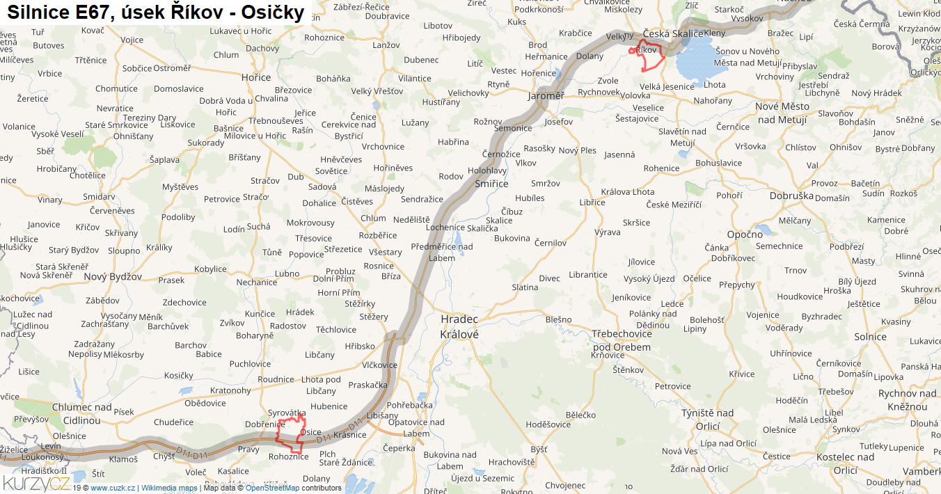 Úsek Říkov - Osičky, Silnice E67 - Mapa