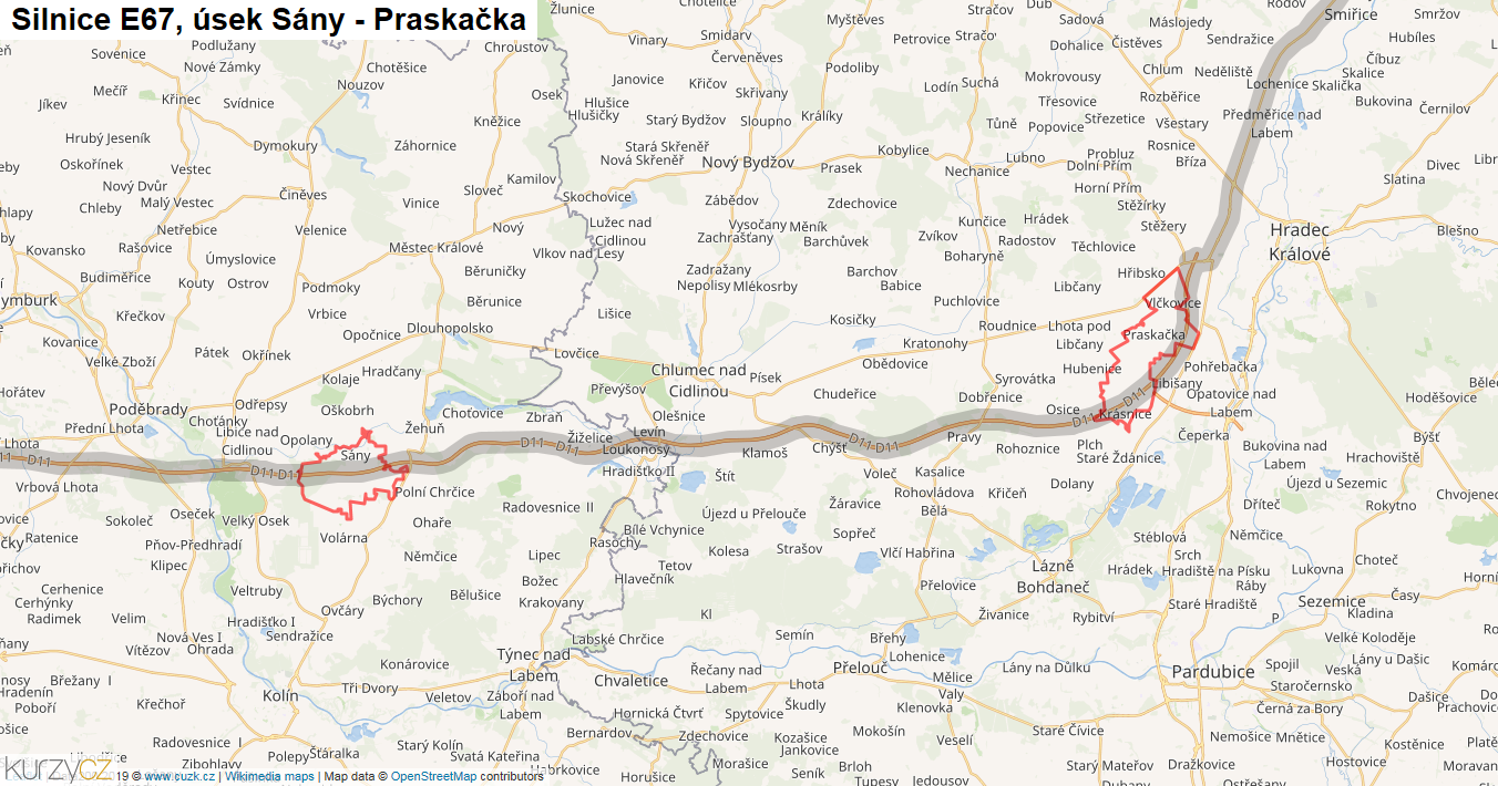 Úsek Sány - Praskačka, Silnice E67 - Mapa