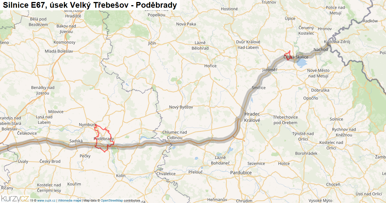 Úsek Velký Třebešov - Poděbrady, Silnice E67 - Mapa
