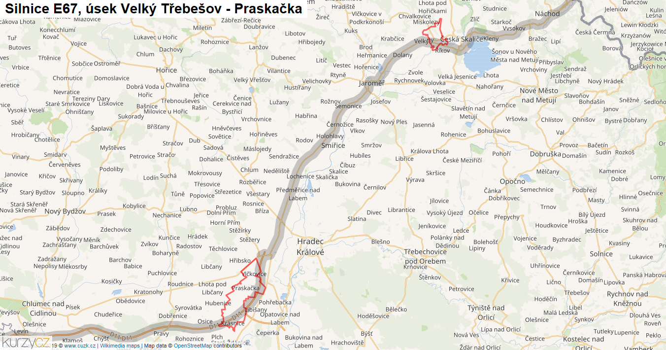 Úsek Velký Třebešov - Praskačka, Silnice E67 - Mapa