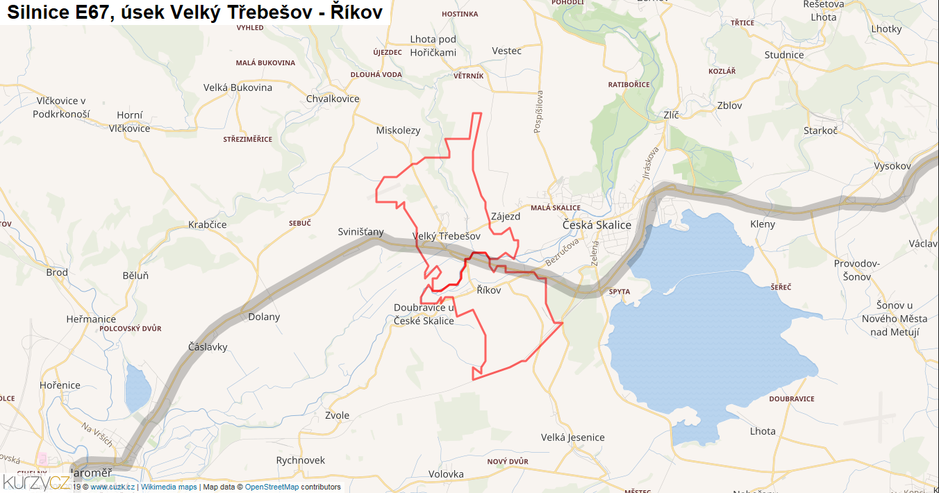 Úsek Velký Třebešov - Říkov, Silnice E67 - Mapa