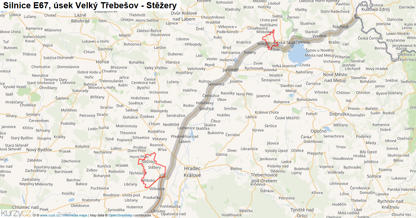 Úsek Velký Třebešov - Stěžery, Silnice E67 - Mapa