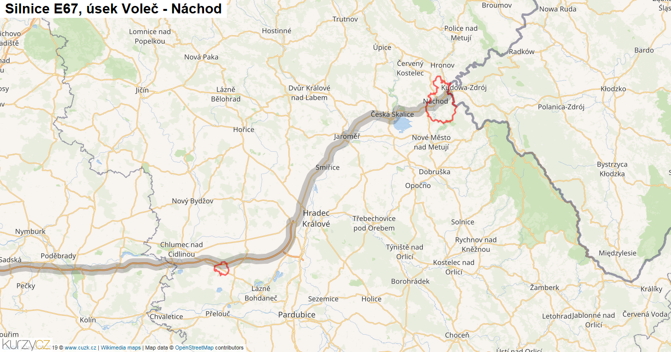 Úsek Voleč - Náchod, Silnice E67 - Mapa