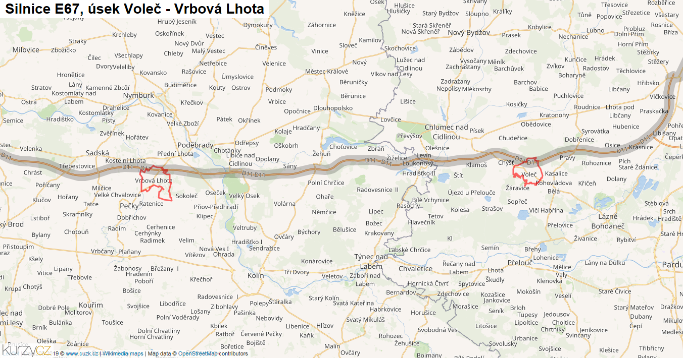 Úsek Voleč - Vrbová Lhota, Silnice E67 - Mapa
