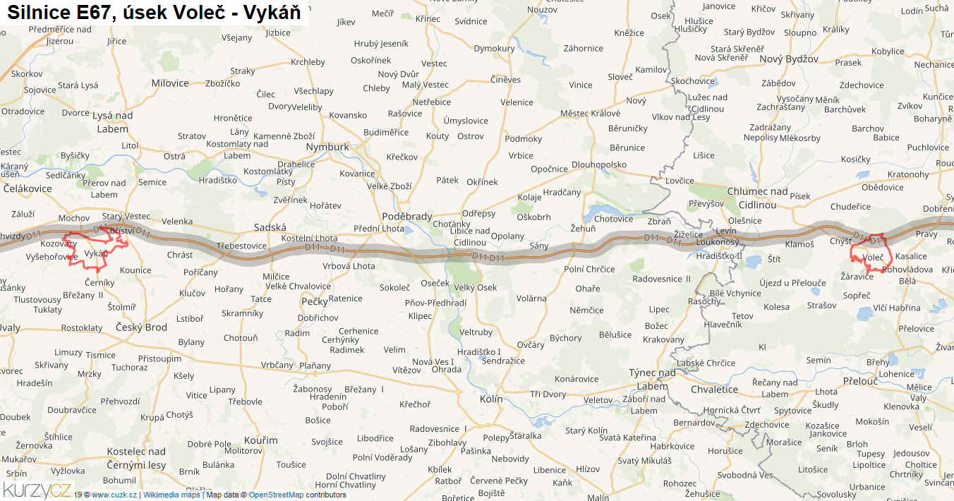 Úsek Voleč - Vykáň, Silnice E67 - Mapa
