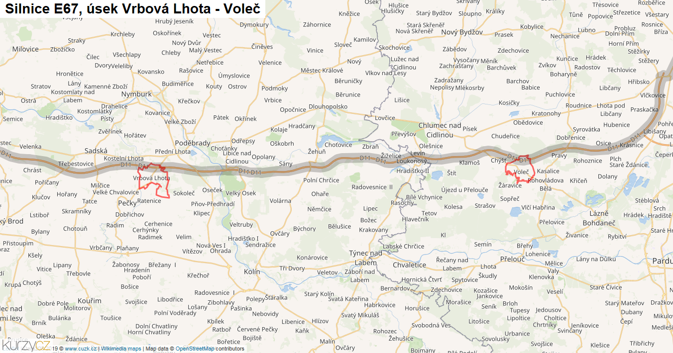 Úsek Vrbová Lhota - Voleč, Silnice E67 - Mapa