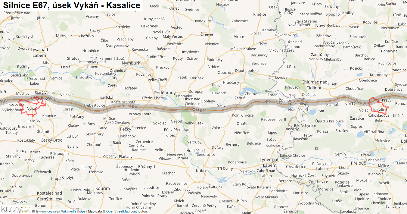 Úsek Vykáň - Kasalice, Silnice E67 - Mapa