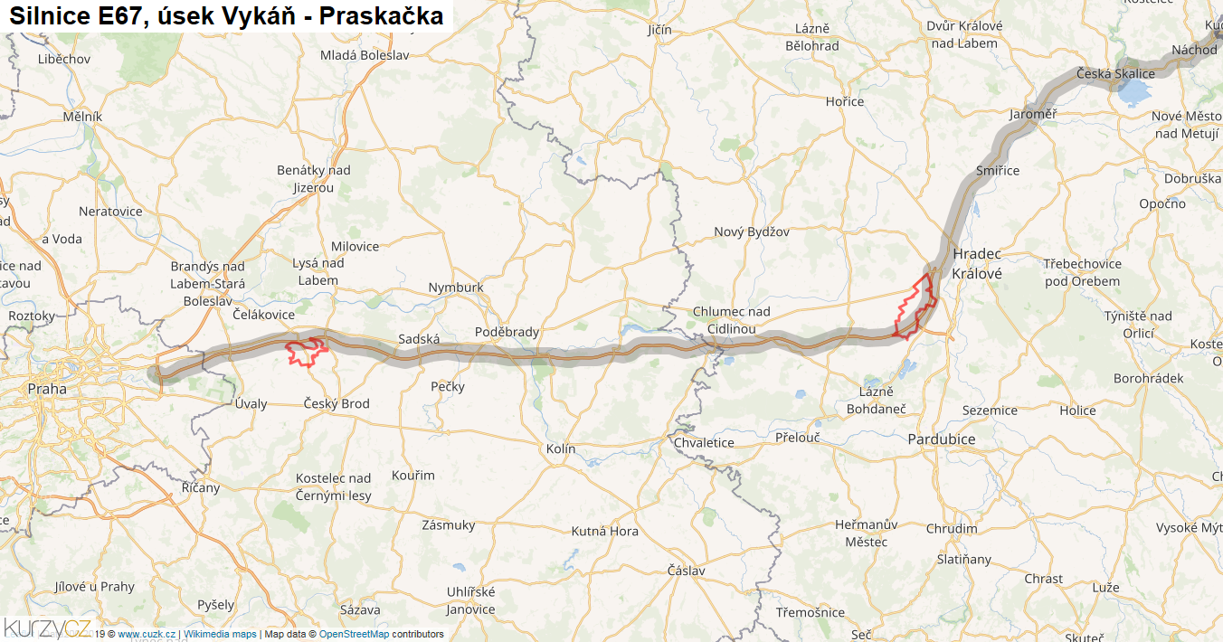 Úsek Vykáň - Praskačka, Silnice E67 - Mapa