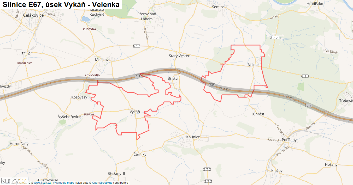 Úsek Vykáň - Velenka, Silnice E67 - Mapa
