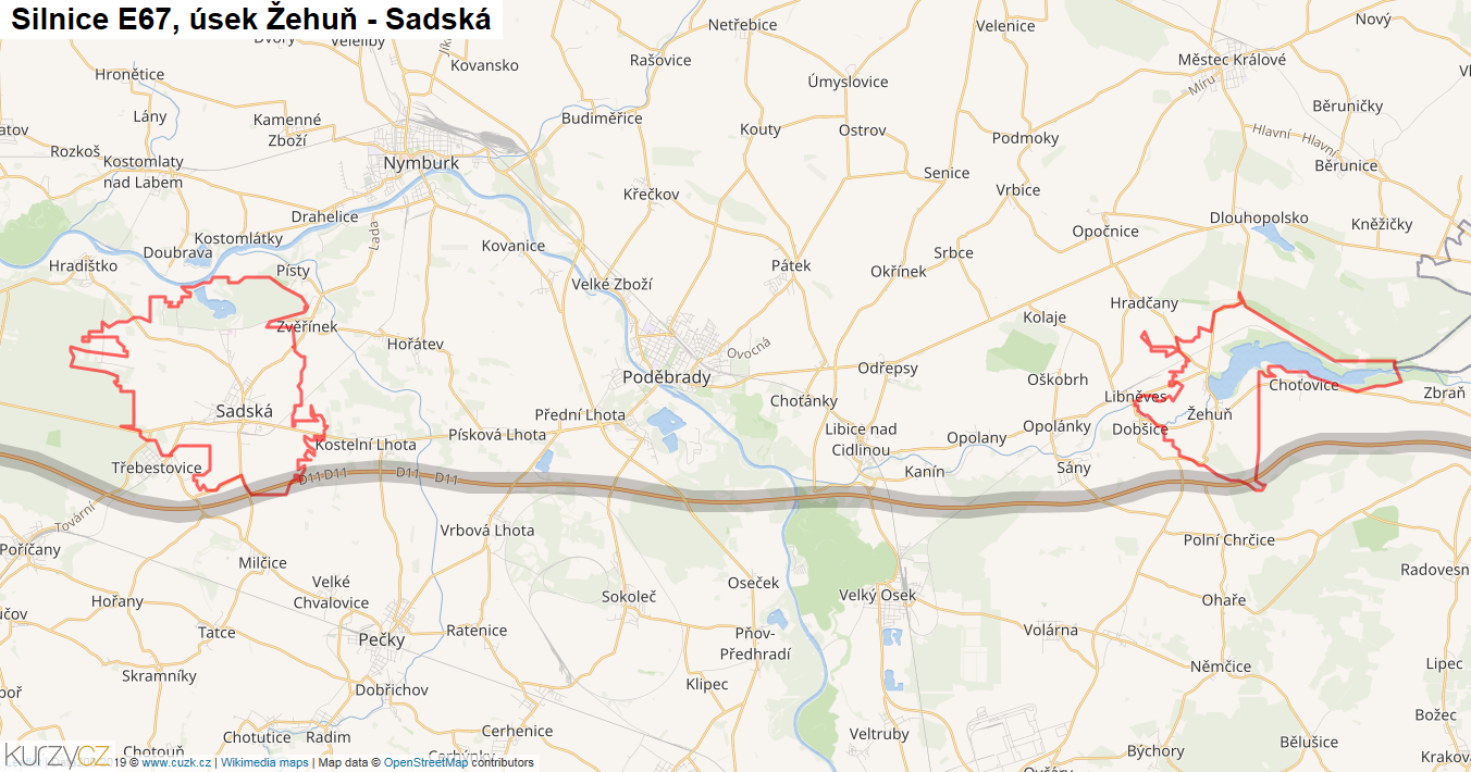 Úsek Žehuň - Sadská, Silnice E67 - Mapa