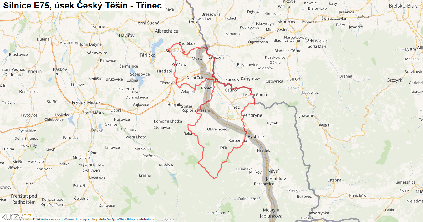 Úsek Český Těšín - Třinec, Silnice E75 - Mapa