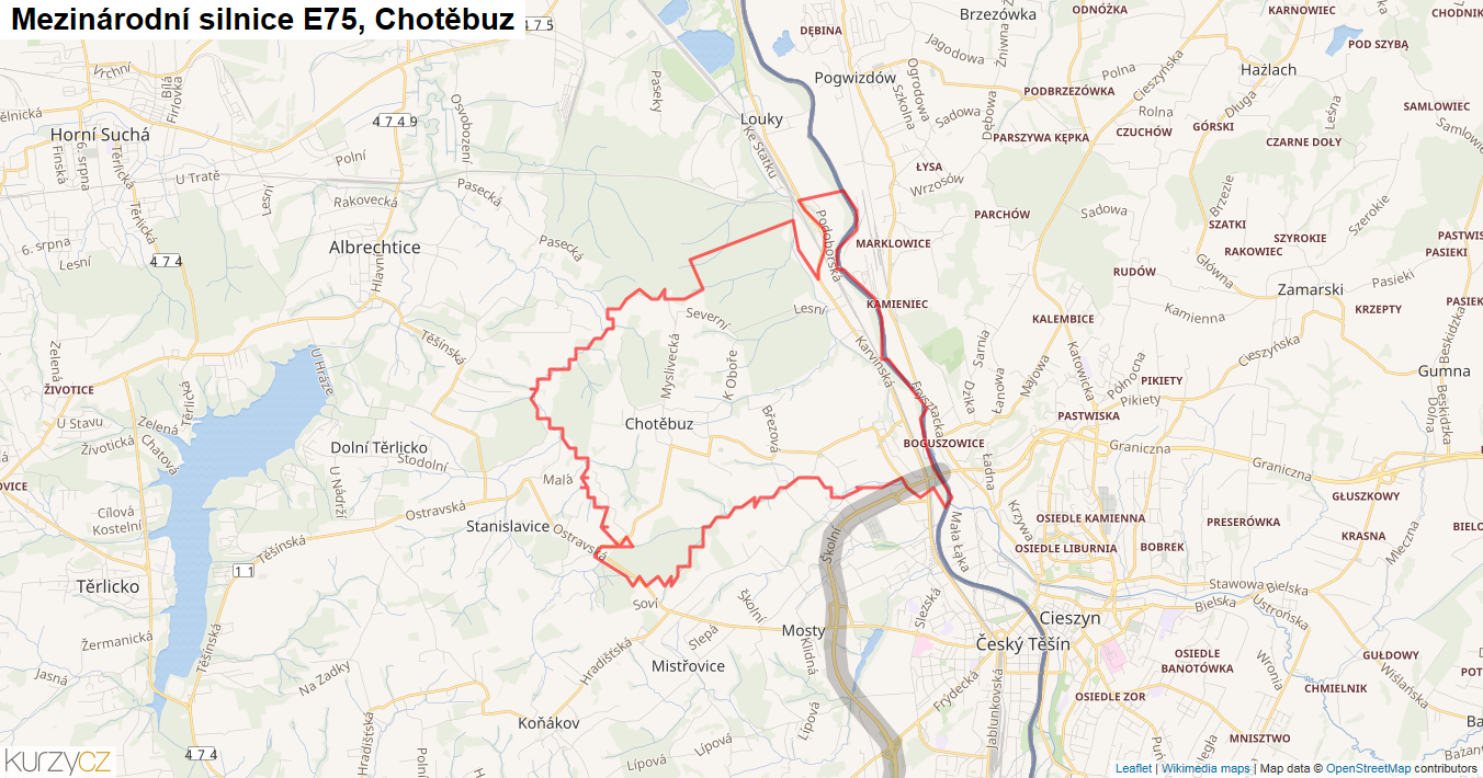 Chotěbuz, Silnice E75 - Mapa