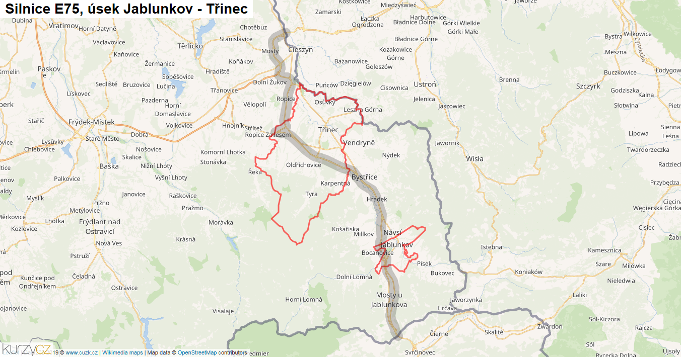 Úsek Jablunkov - Třinec, Silnice E75 - Mapa