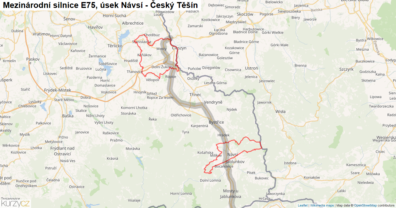 Úsek Návsí - Český Těšín, Silnice E75 - Mapa