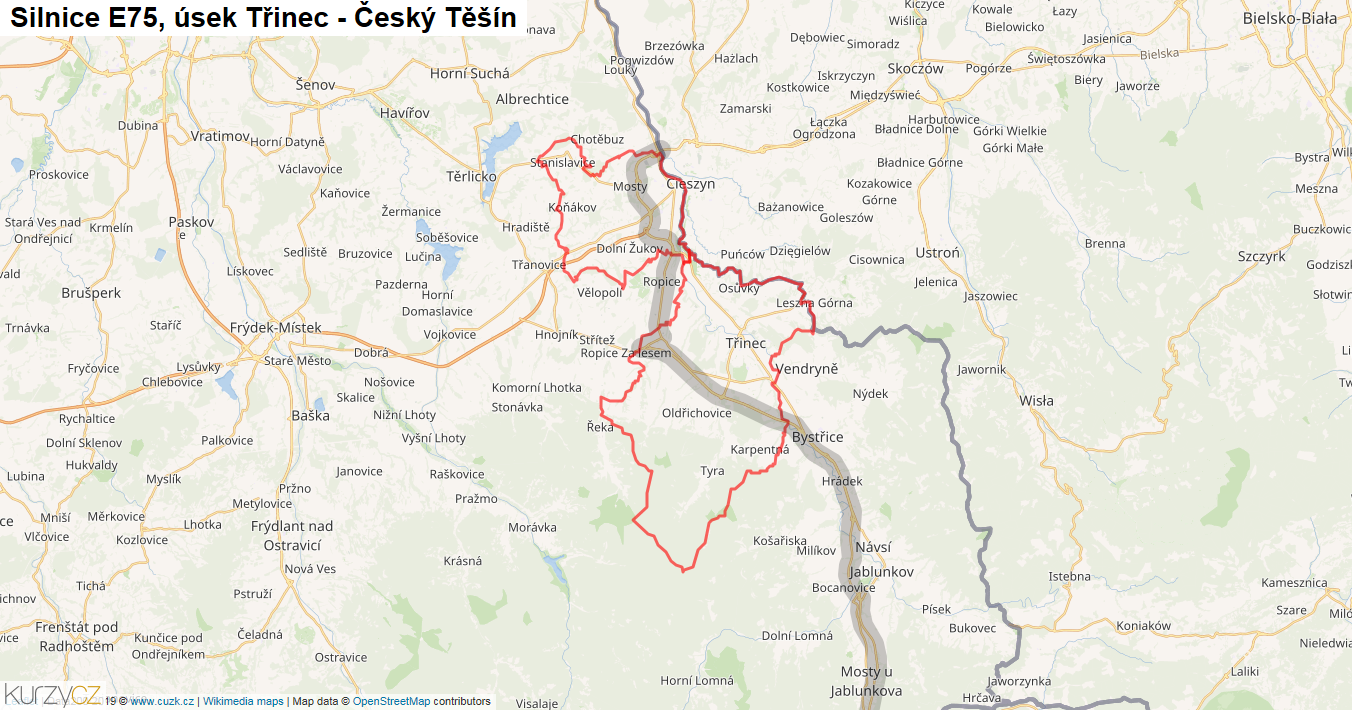 Úsek Třinec - Český Těšín, Silnice E75 - Mapa