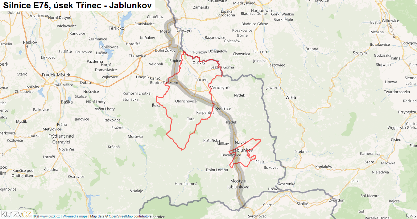 Úsek Třinec - Jablunkov, Silnice E75 - Mapa