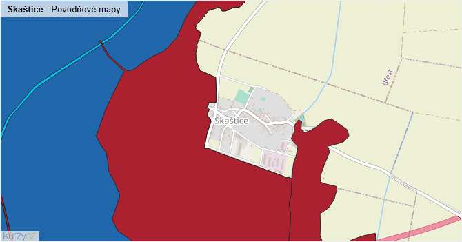 Skaštice - záplavové mapy stoleté vody