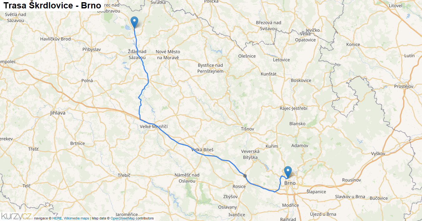 Škrdlovice-Brno, mapa trasy