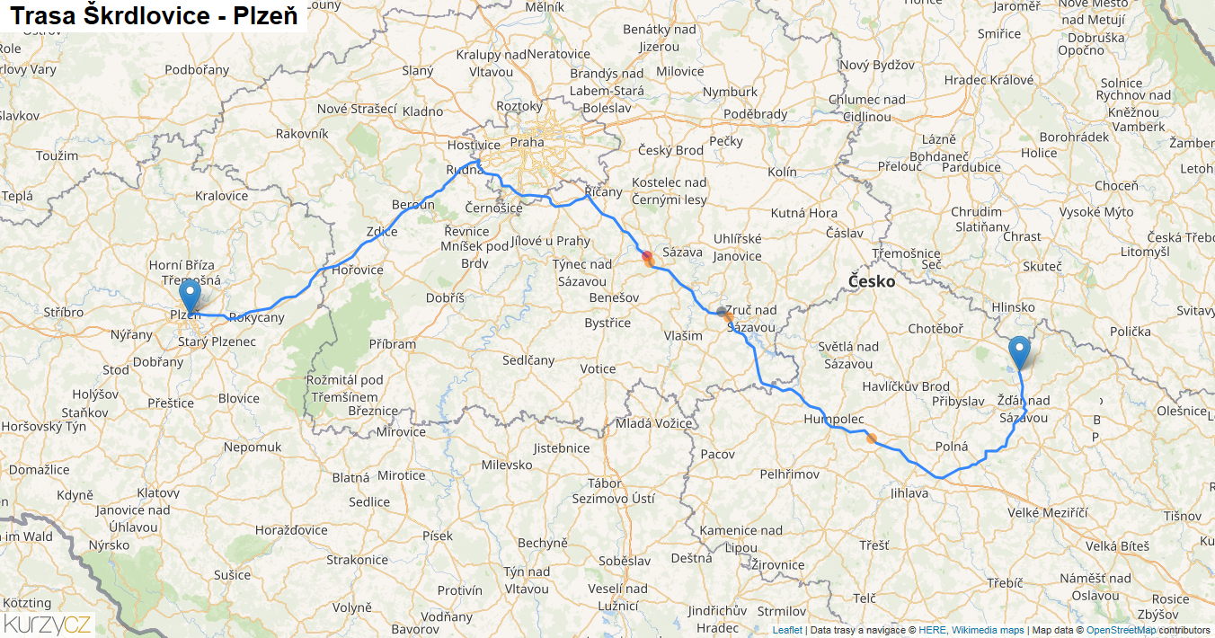Škrdlovice-Plzeň, mapa trasy