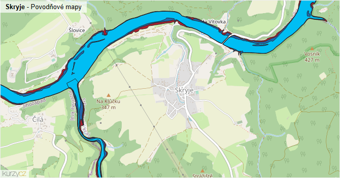 Skryje - záplavové mapy stoleté vody