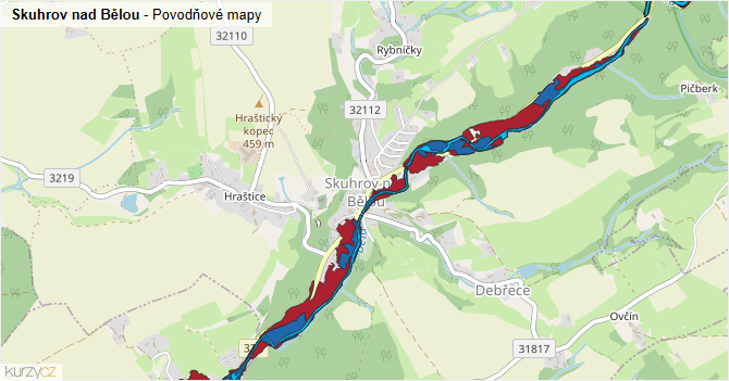 Skuhrov nad Bělou - záplavové mapy stoleté vody