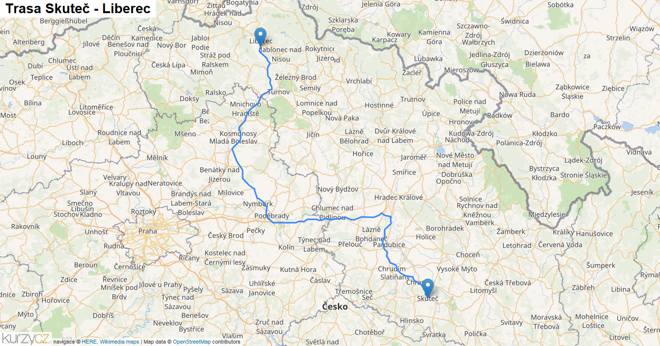 Skuteč-Liberec, mapa trasy
