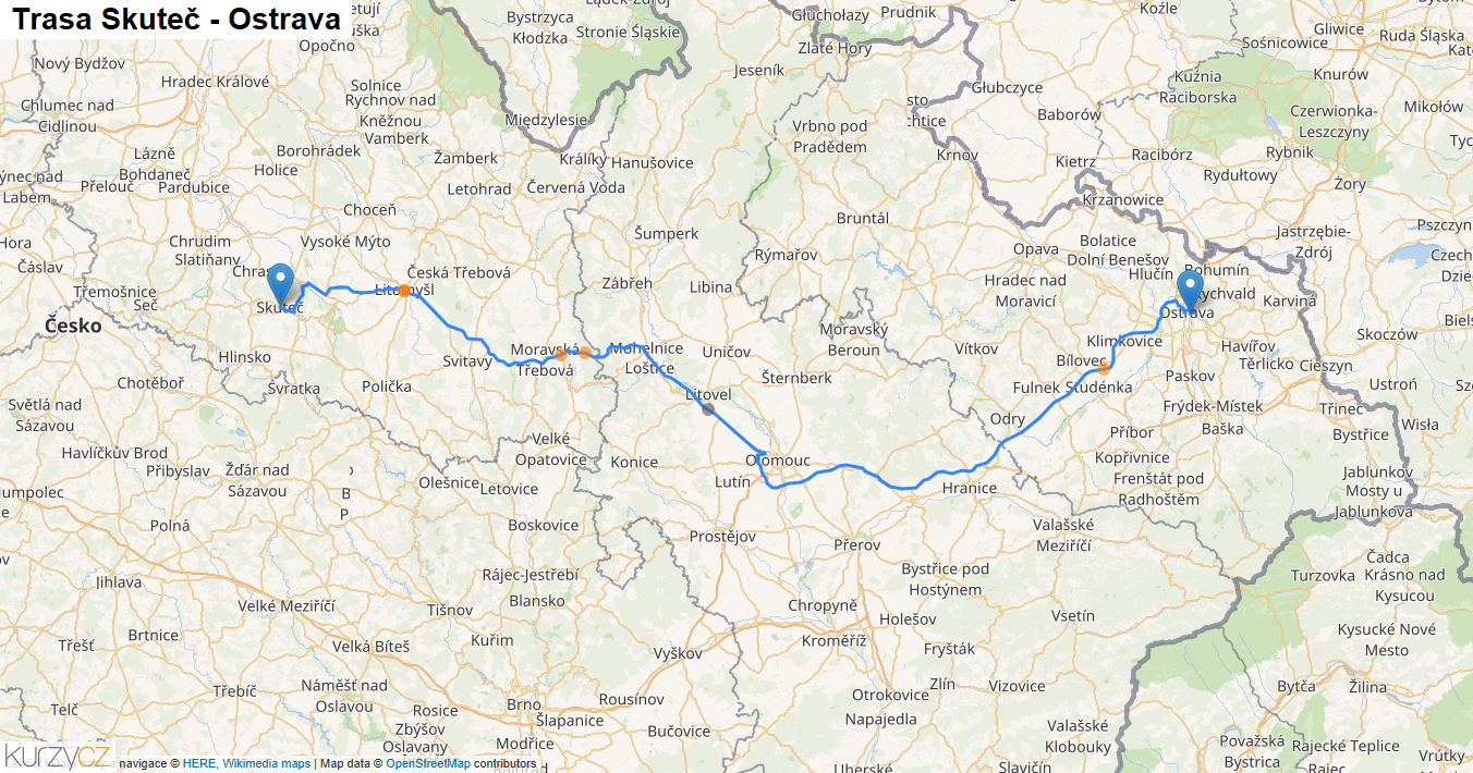 Skuteč-Ostrava, mapa trasy