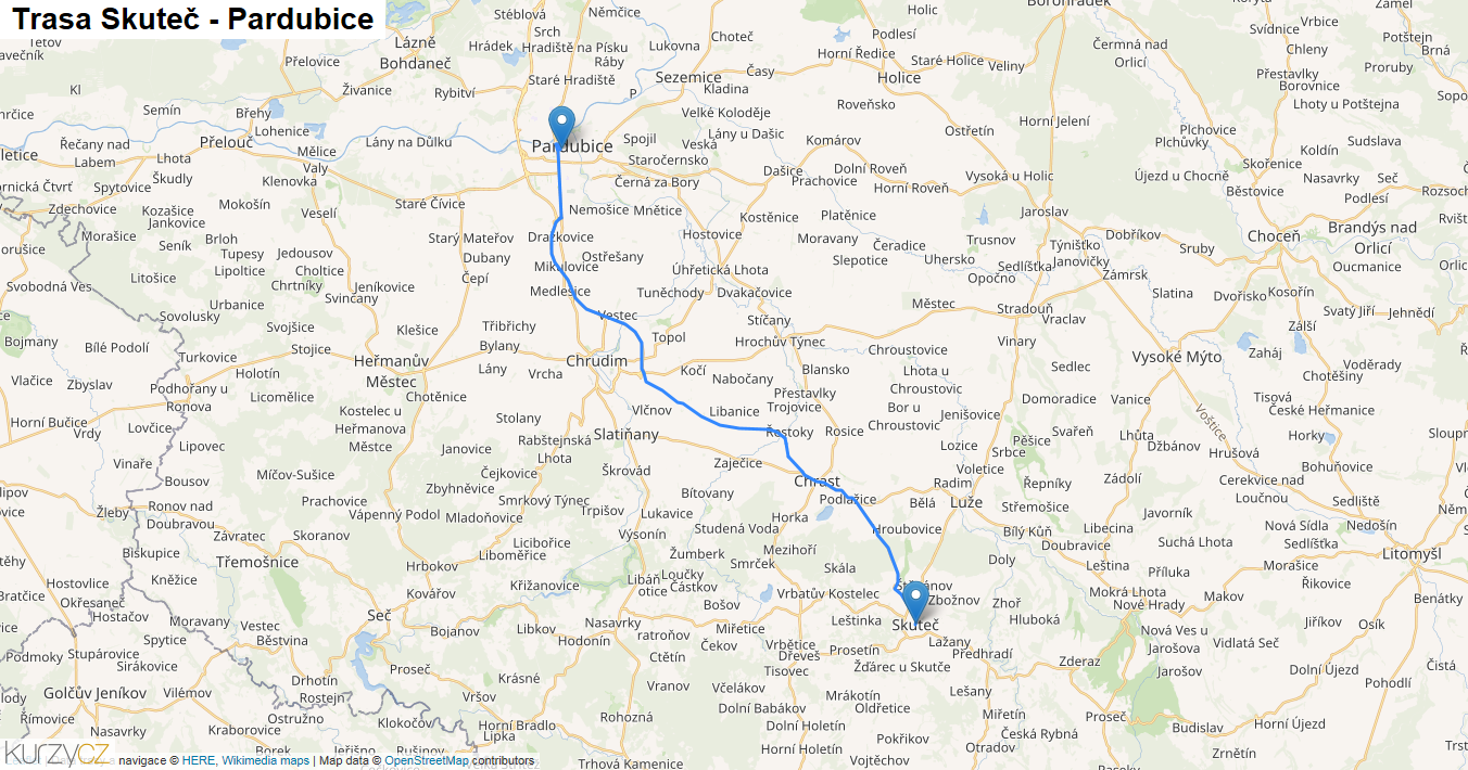 Skuteč-Pardubice, mapa trasy