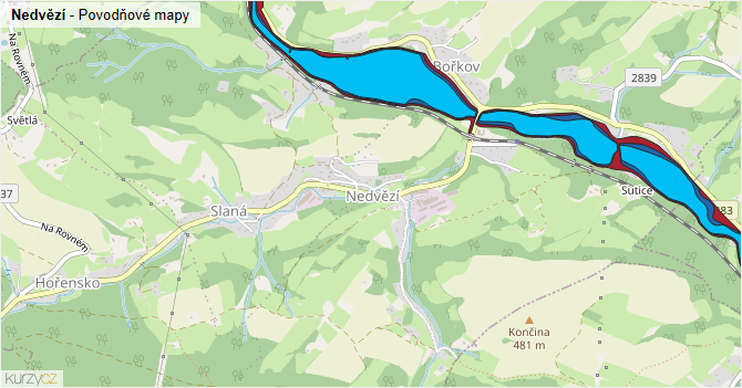 Nedvězí - záplavové mapy stoleté vody